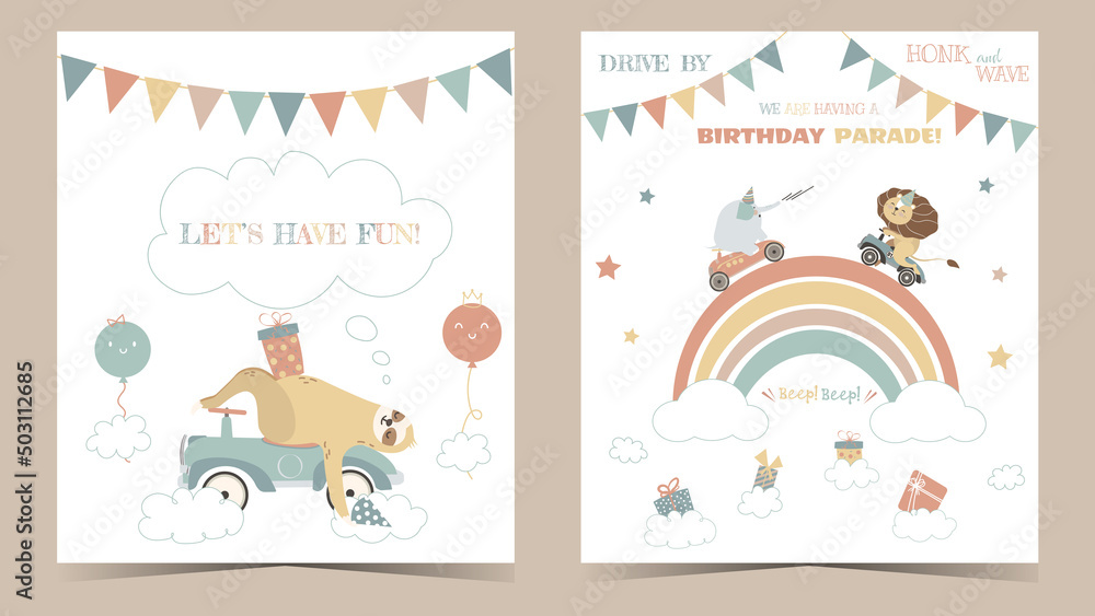 Drive-by birthday party invitation cards. Animals drive in cars through birthday parade invitation with cute elephant, zebra, sloth, balloons, presents, rainbow, and stars