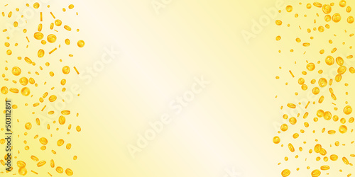 American dollar coins falling. Favorable scattered USD coins. USA money. Radiant jackpot, wealth or success concept. Vector illustration.