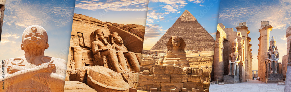 Karnak Temple, Abu Simbel Complex, the Sphinx and Pyramids, Luxor temple, beautiful collage of famous sights of Egypt