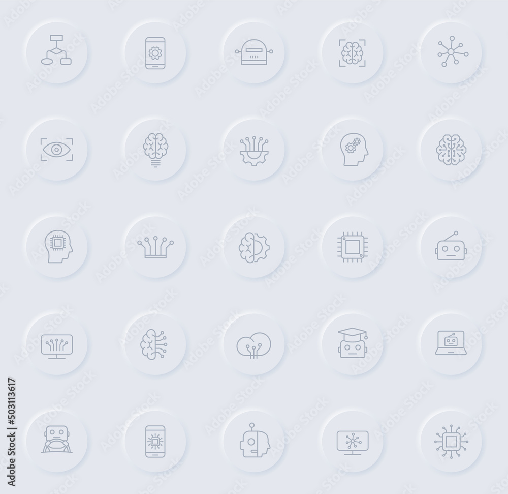 Fototapeta premium artificial intelligence line gray icons on round rubber buttons. artificial intelligence icon set for web, mobile apps, ui design and promo business polygraphy