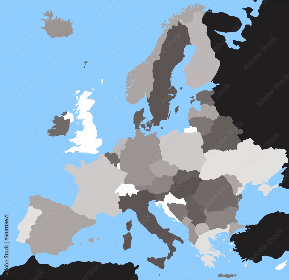 Europe map plain infographic diagram countries border oceans seas islands administrative for geography travel atlas vector drawing detailed flat abstract design art illustration