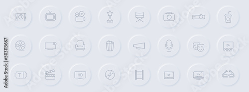 cinema line gray icons on round rubber buttons. cinema icon set for web, mobile apps, ui design and promo business polygraphy