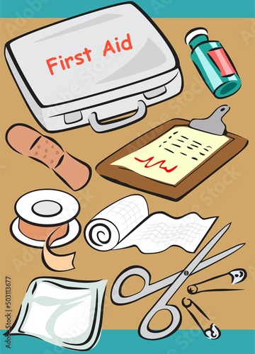 Medical tools set poster background including first aid kit plaster bandage scissor safety pin gauze medicine prescription drug cartoon collection object vector illustration drawing healthcare concept