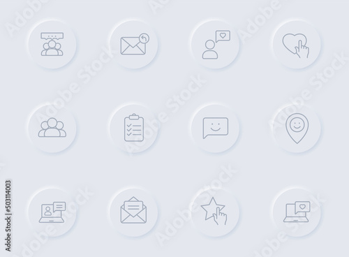 feedback line gray icons on round rubber buttons. feedback icon set for web, mobile apps, ui design and promo business polygraphy