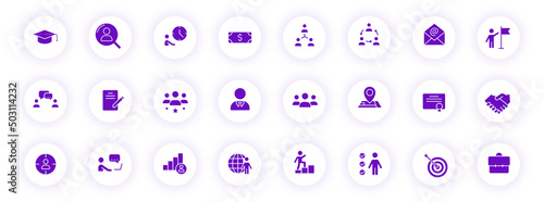 headhunting purple color silhouette icons on light round buttons with purple shadow. headhunting vector icon set for web, mobile apps, ui design and print