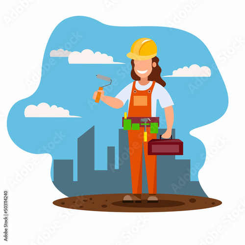 a young woman builder in a working uniform and with tools stands against the backdrop of the city