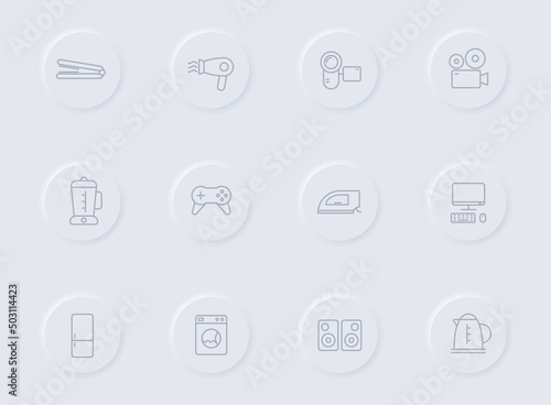 household line gray icons on round rubber buttons. household icon set for web, mobile apps, ui design and promo business polygraphy