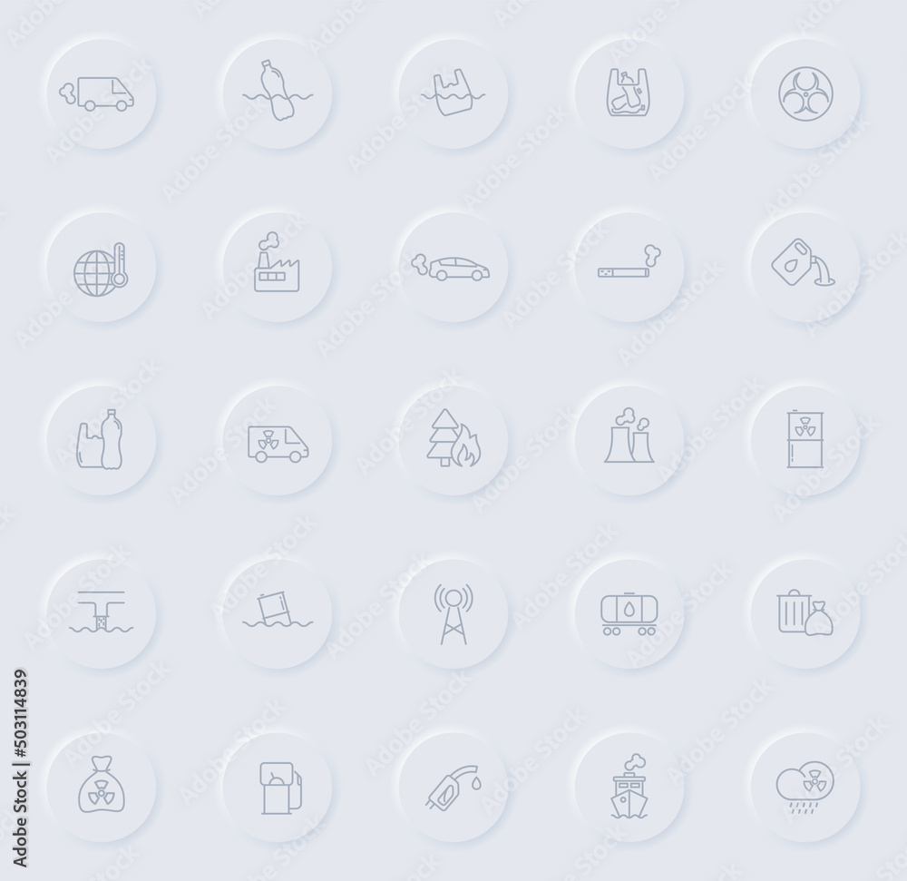 pollution line gray icons on round rubber buttons. pollution icon set for web, mobile apps, ui design and promo business polygraphy pollution line gray icons on round rubber buttons. pollution icon set for web, mobile apps, ui design and promo business polygraphy