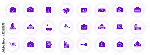 real estate purple color silhouette icons on light round buttons with purple shadow. real estate vector icon set for web, mobile apps, ui design and print