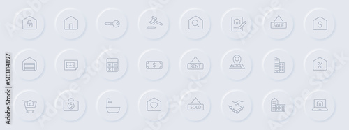 real estate line gray icons on round rubber buttons. real estate icon set for web, mobile apps, ui design and promo business polygraphy
