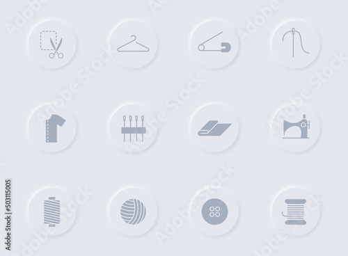 sewing gray glyph icons on round rubber buttons. sewing vector icons for web, mobile apps, ui design and promo business polygraphy