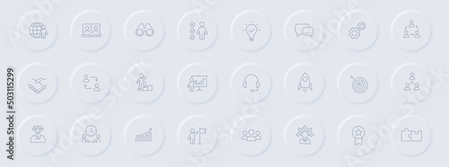 teamwork line gray icons on round rubber buttons. teamwork icon set for web, mobile apps, ui design and promo business polygraphy
