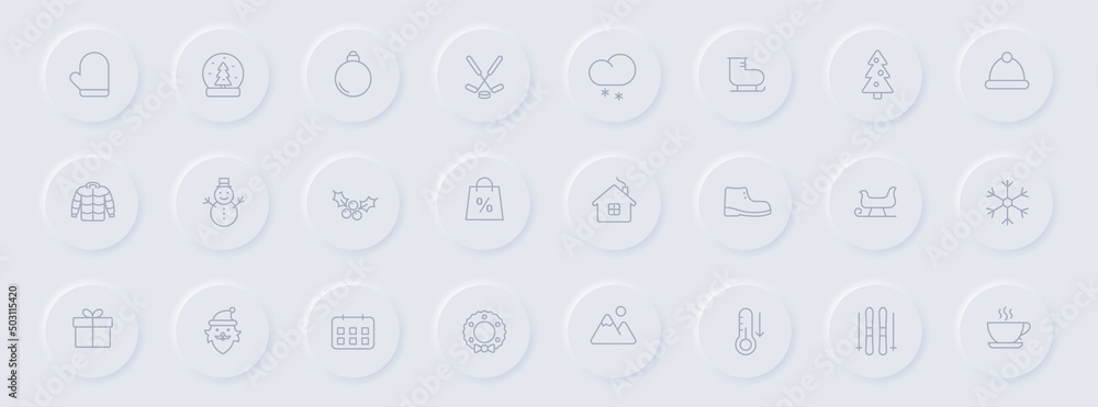 winter line gray icons on round rubber buttons. winter icon set for web, mobile apps, ui design and promo business polygraphy winter line gray icons on round rubber buttons. winter icon set for web, mobile apps, ui design and promo business polygraphy