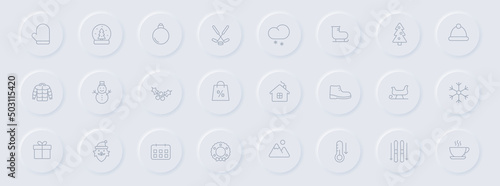 winter line gray icons on round rubber buttons. winter icon set for web, mobile apps, ui design and promo business polygraphy
