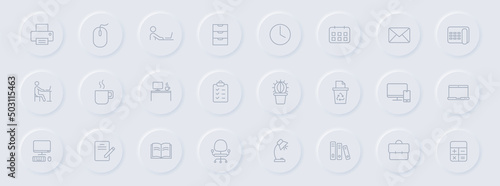 workspace line gray icons on round rubber buttons. workspace icon set for web, mobile apps, ui design and promo business polygraphy