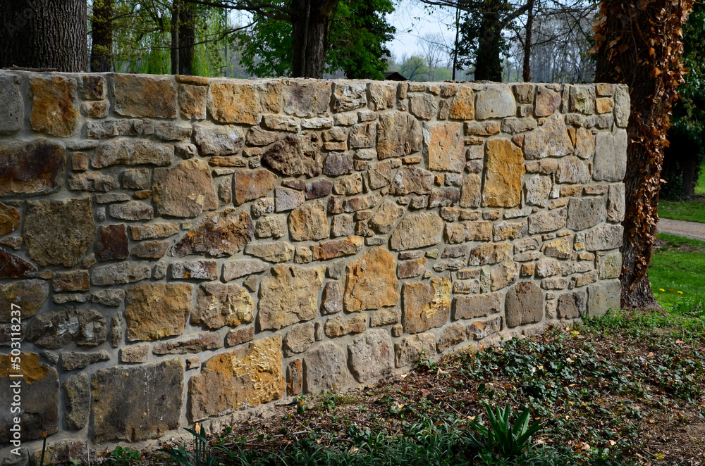 an old stone wall is being reconstructed between the two plots. the stones are dismantled and re-glued to the cement mortar. stonemason builds a wall in the park. the joints are repaired and the bush an old stone wall is being reconstructed between the two plots. the stones are dismantled and re-glued to the cement mortar. stonemason builds a wall in the park. the joints are repaired and the bush