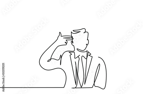 a stressed businessman goes bankrupt and points head shot with fingers
