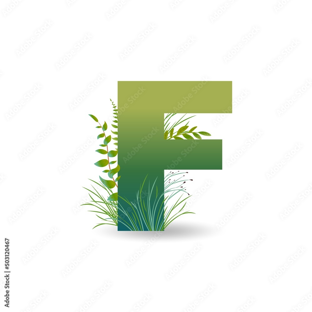 Letter F in eco style with leaves, twigs and grass. For logo, icon, banner etc. Vector.