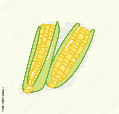 Two whole golden yellow corns in cute cartoonish flat vector illustration art design