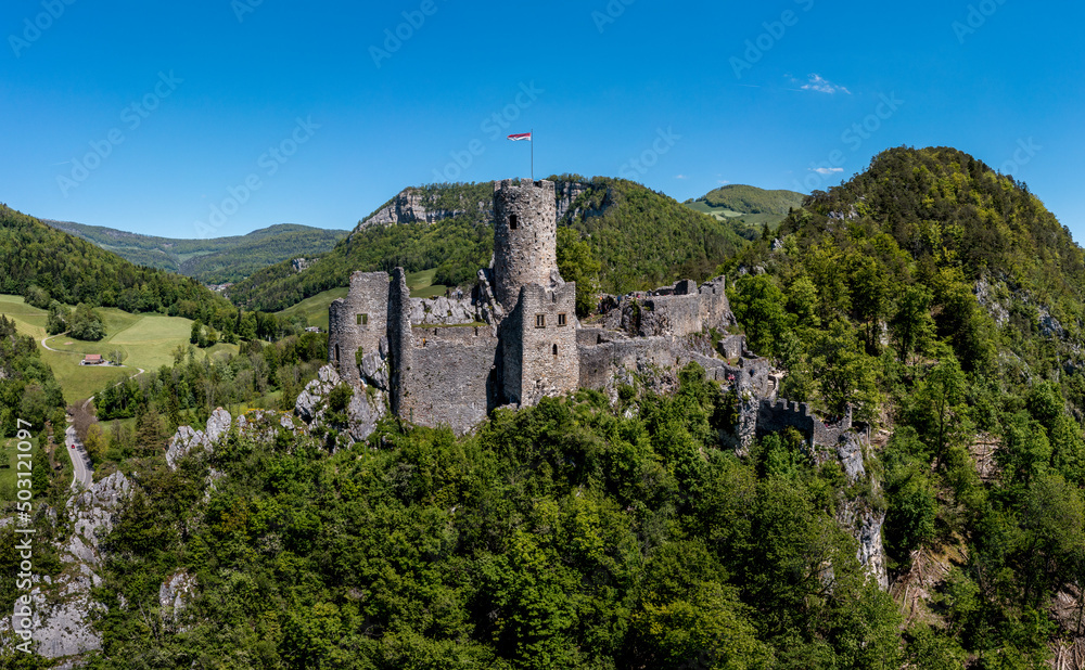 Neu-Falkenstein castle ruins near Balsthal in Switzerland aerial view
