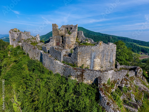 Castle ruin Alt Bechburg near Holderbank in Switzerland from the air