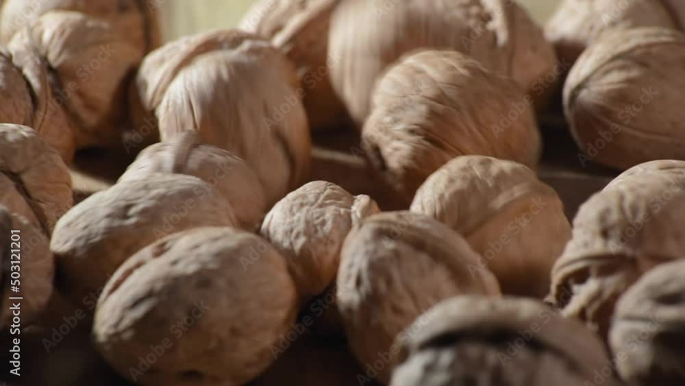 Whole walnuts fall down on a wooden table in slow motion. Macro. Whole walnuts fall down on a wooden table in slow motion. Macro.