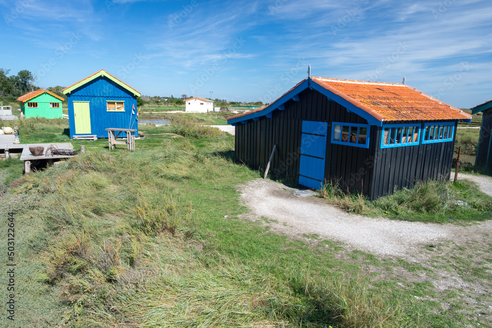 Colourful oyster farming fishing huts at Fort Royer, Oleron Island, Charente Maritime, France