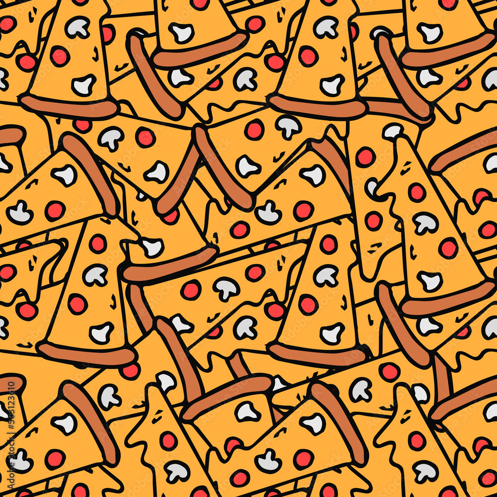 Seamless pizza pattern. Colored pizza background. Doodle vector pizza illustration	
