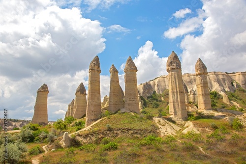 Volcanic rocks and limestone cliffs in Cappadocia valley. Turkey. Tourism and travel. geology and soil erosion