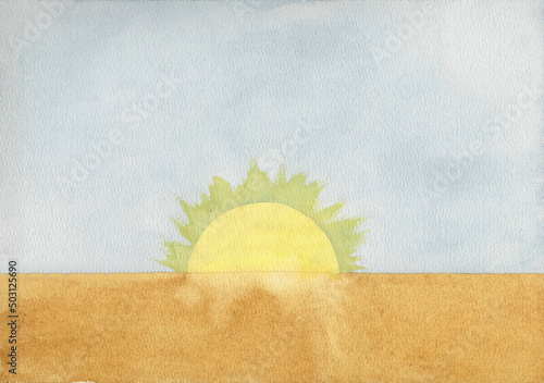 bright yellow sun on the horizon, watercolor illustration