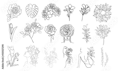 Set of Leaves, Flowers and Faces Line Art Drawing. - Vector illustration
