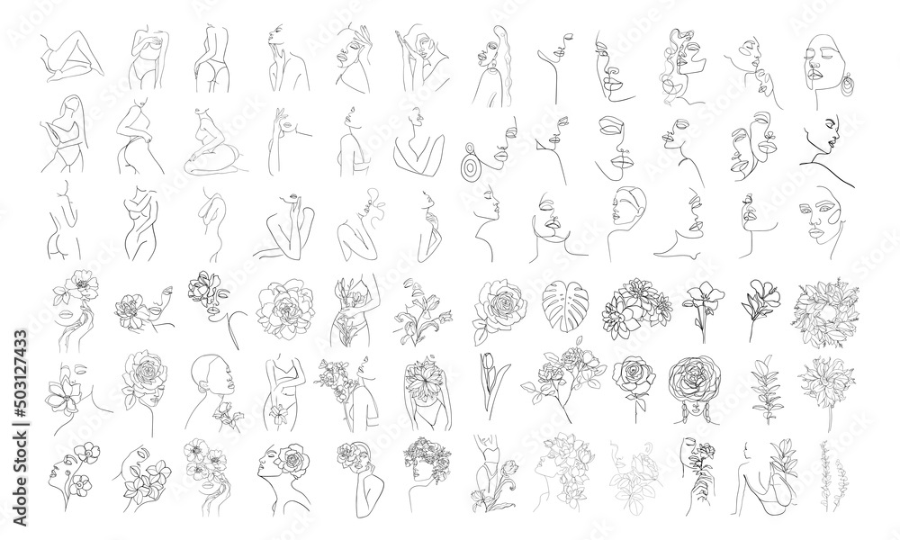 Big Set of abstract flowers and body, face in one line style.Woman beauty fashion concept. - Vector illustration