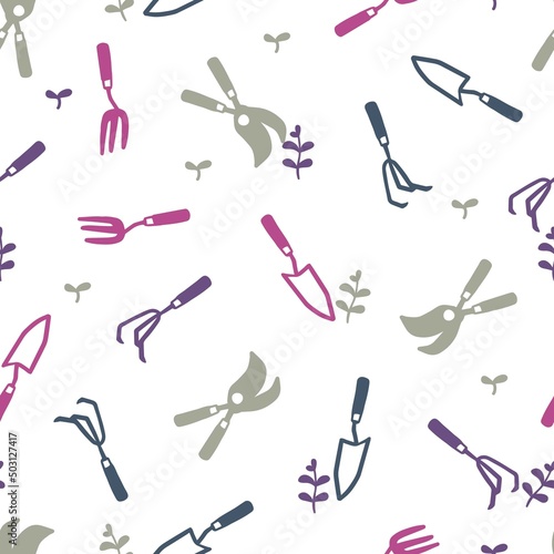 Gardening Tools Pruning Shovel Shear Vector Graphic Silhouette Seamless Pattern