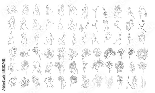 Big Set of abstract flowers and body, face in one line style.Woman beauty fashion concept. - Vector illustration © ireneromanova
