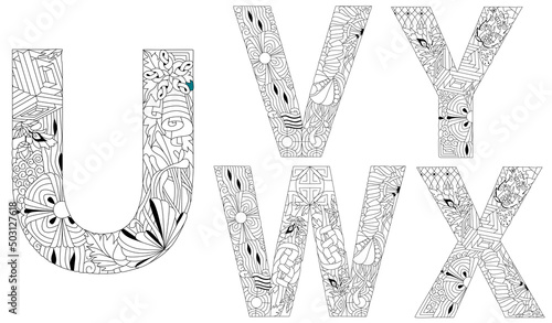 Vector of hand drawn set of Alphabet from U - Y in Zentangle style for coloring pages