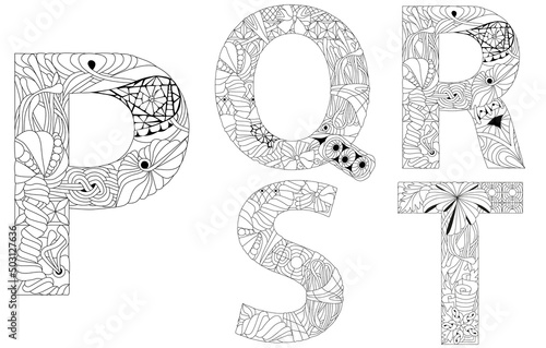 Vector of hand drawn set of Alphabet from P - T in Zentangle style for coloring pages