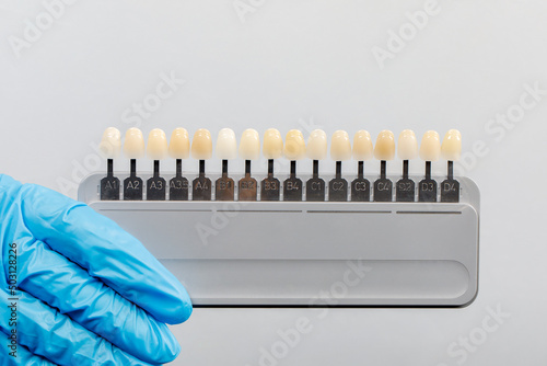 Palette of shades of teeth scale vita. A tool for teeth whitening isolate on a gray background.
