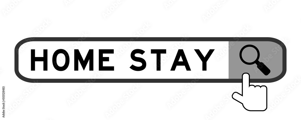 Search banner in word home stay with hand over magnifier icon on white background Search banner in word home stay with hand over magnifier icon on white background