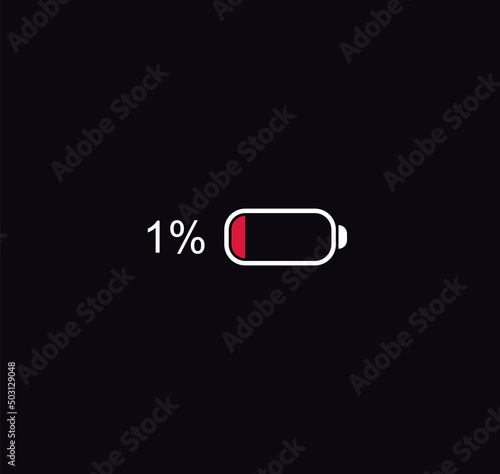 Minimum battery charge. Fully one percent discharged battery symbol photo