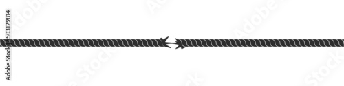 Rope torn in center. Black cable with pressure damaged fiber