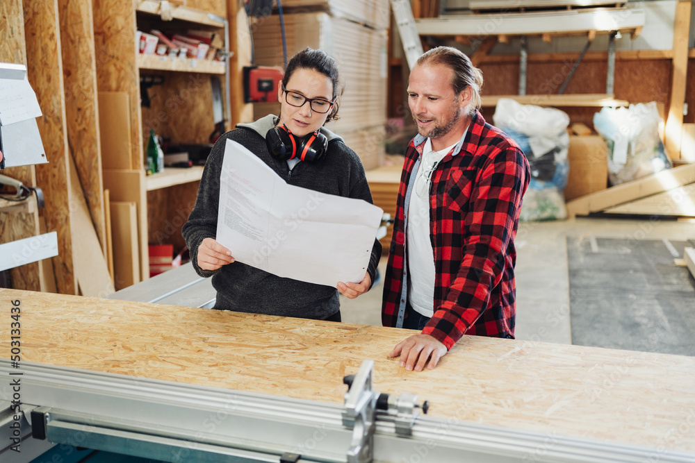 carpenter colleagues stand in production and look at a plan carpenter colleagues stand in production and look at a plan