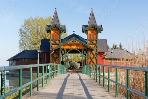 Beautiful traditional architecture along a pier on lake Balaton in Keszthely, Hungary