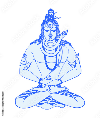 Blue silhouette of the god Shiva of Hinduism on white background