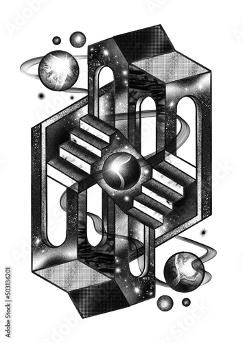 Tela Isometric black and white M.C. Escher Style