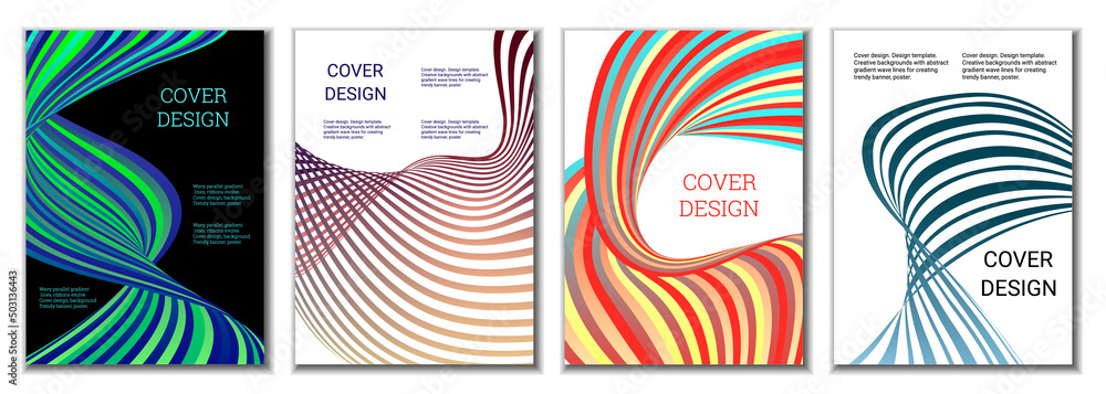 A set of 4 abstract covers. Wavy parallel gradient lines, ribbons evolve. Cover design, background. Trendy banner, poster. A set of 4 abstract covers. Wavy parallel gradient lines, ribbons evolve. Cover design, background. Trendy banner, poster.
