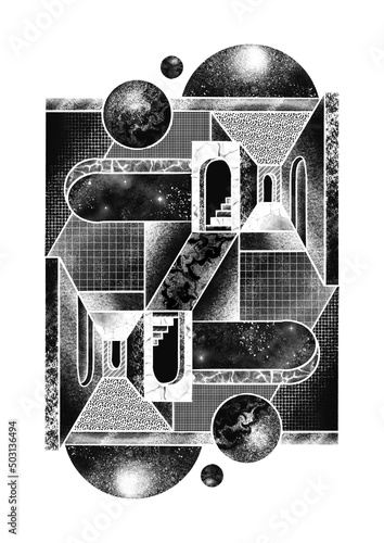 Canvas Print Isometric black and white M.C. Escher Style