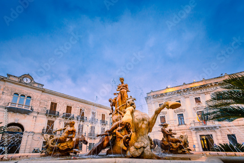 Low angle view of fountain of Diana in the historical center of Ortigia