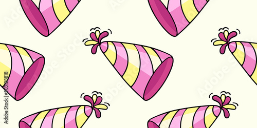 Paper cone cap, party hat, festive paraphernalia for a holiday, birthday, decoration of a fun party, vector seamless pattern in the style of doodles, hand-drawn