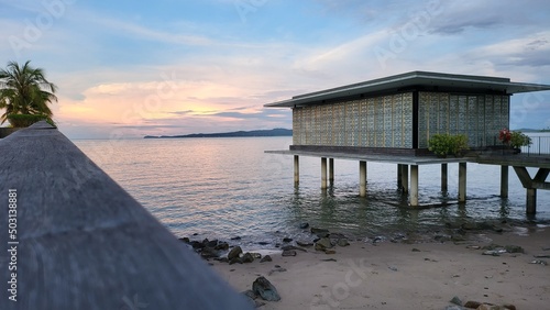 Kuching, Sarawak Malaysia - May 6 2022: The Amazing Surroundings of The Cove 55 Luxury Boutique Seaside Hotel with a Cool Infinity Pool