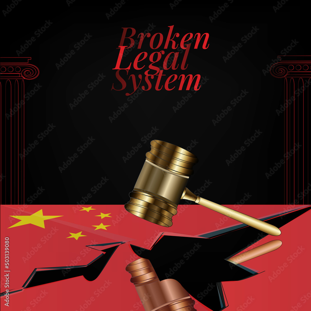 China's broken legal system concept art.Flag of China and a gavel.